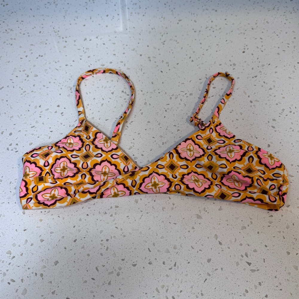 Aerie Real Good Scoop Bikini Top Retro Floral Orange‎ Pink Small 984407628